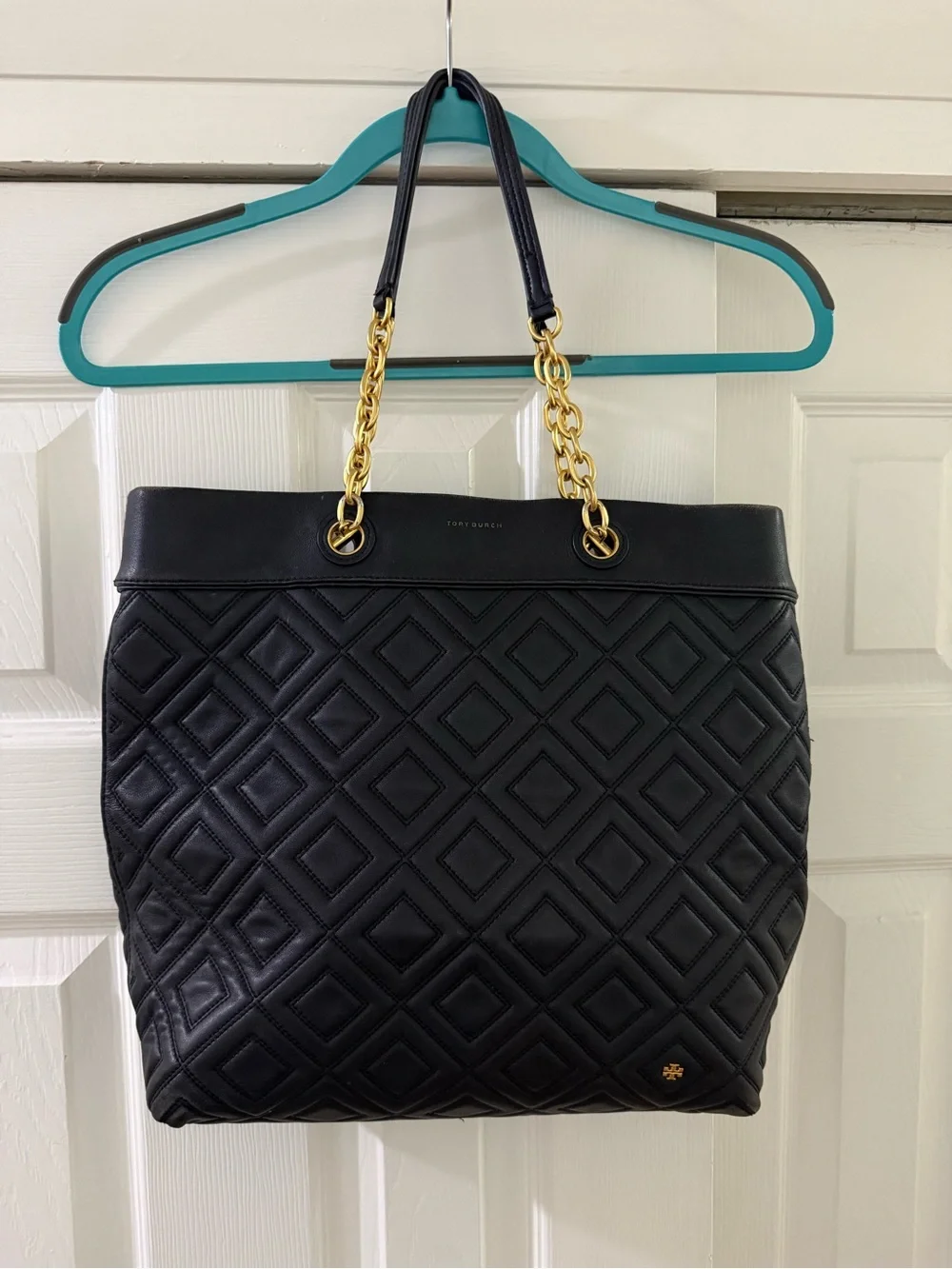Tory Burch Black Quilted Leather Tote with Gold Chain Straps